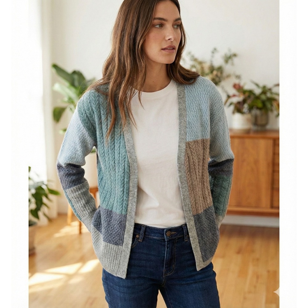 WoolOvers Cardigan Womens Medium Colorblock Open Front Cable‎ Knit Patchwork